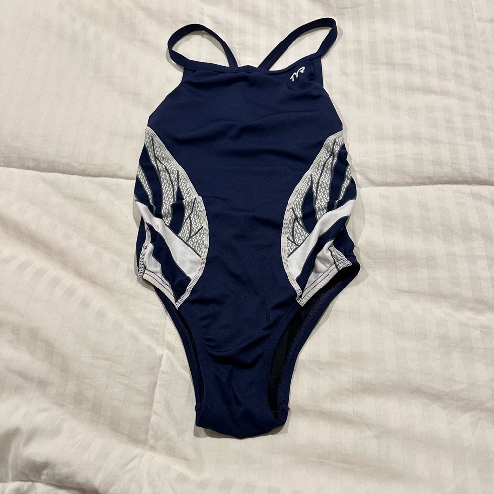 TYR girls Navy Blue and White Swimsuit